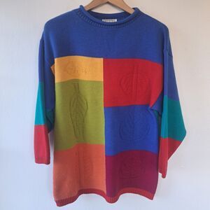 Vintage Venezia Vitale 90's Large Knit Colorblock Leaves Autumn Sweater Unisex